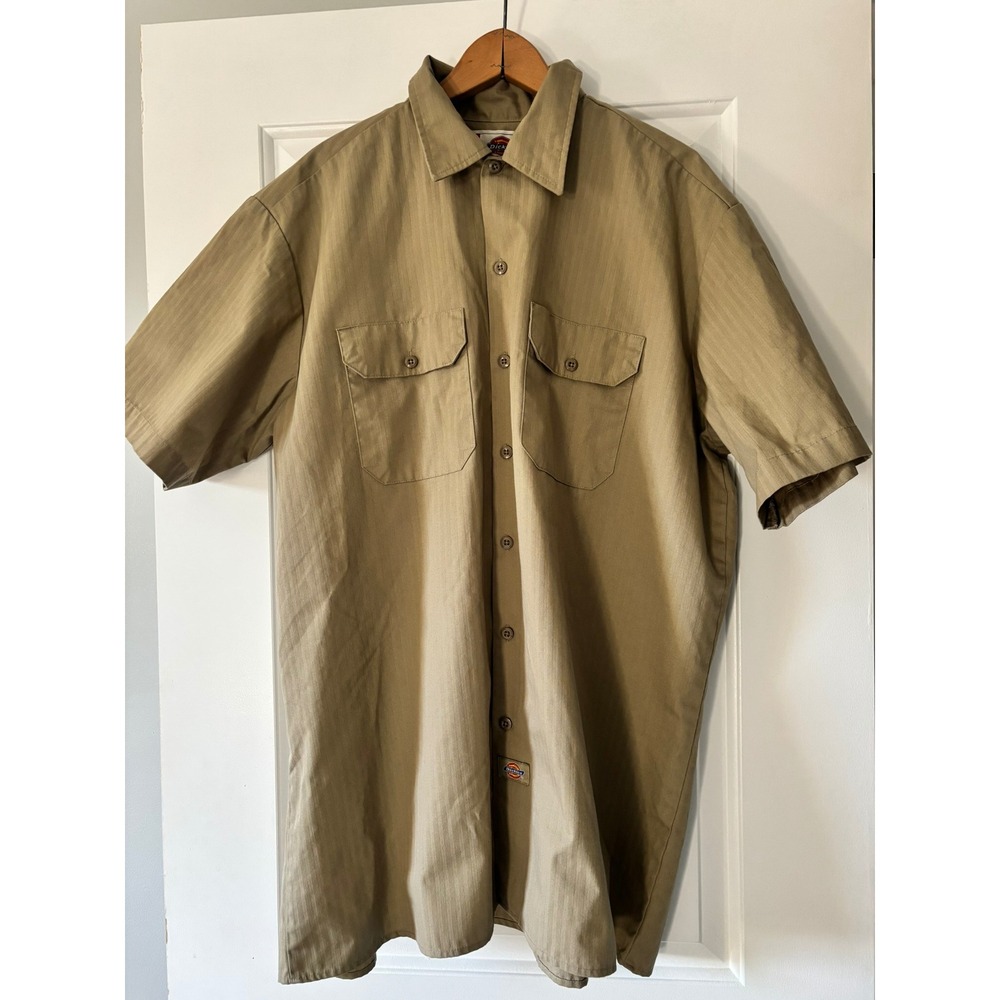 Dickies Work Shirt Mens XL Tan Khaki Short Sleeve Button Up Striped Workwear